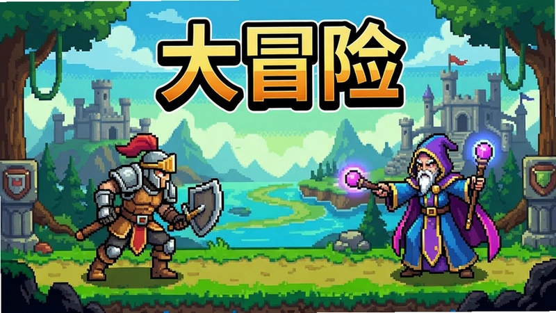 大冒险电脑版游戏场景,展示角色在奇幻大陆冒险,包含战士与法师职业,标题文字“大冒险”