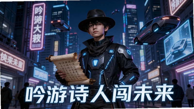 吟游诗人闯未来游戏主角手持诗卷站在未来都市街头,背景霓虹灯光,文字标注“吟游诗人闯未来”,科幻角色扮演