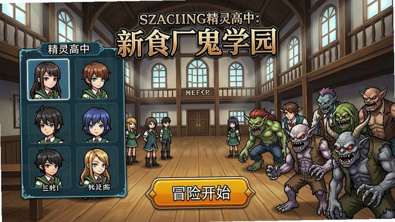 生成一幅展现精灵高中:新食尸鬼学园游戏主界面的图片,包含角色选择、学园大厅与众多怪物同学,“冒险开始”字样突出