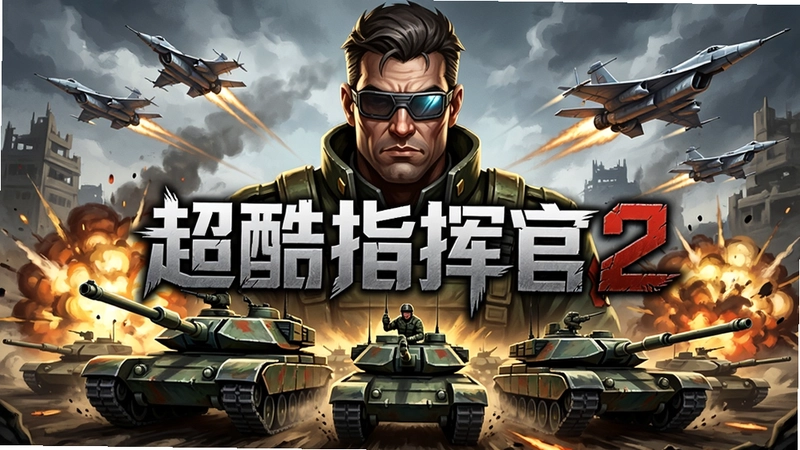 超酷指挥官2游戏主视觉图,包含指挥官头像与战场背景,“超酷指挥官2”字样醒目,坦克集群冲锋,战机飞过,爆炸特效,硬朗美术风格