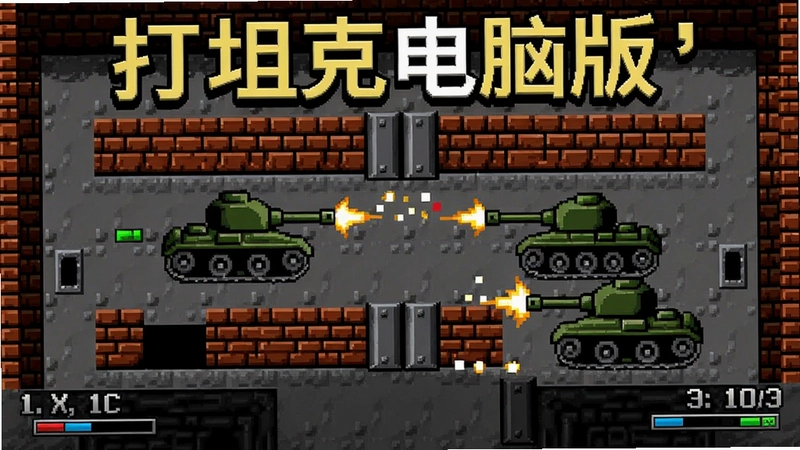 打坦克电脑版游戏画面,像素风坦克在迷宫中激烈对战,砖墙与钢铁障碍,经典双人同屏合作,\“打坦克电脑版\”怀旧游戏
