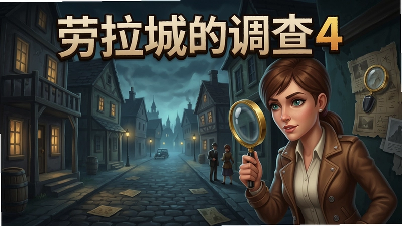劳拉城的调查4游戏主界面与侦探调查场景的插画,包含角色劳拉手持放大镜寻找线索,背景为神秘小镇街景,“劳拉城的调查4”文字标题