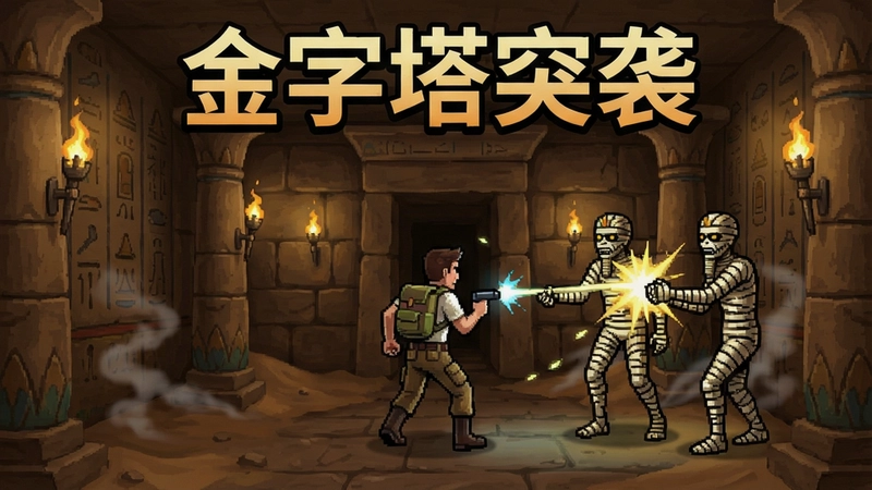 金字塔突袭电脑版游戏场景,古埃及金字塔内部探险,主角与木乃伊战斗,带有文字“金字塔突袭”