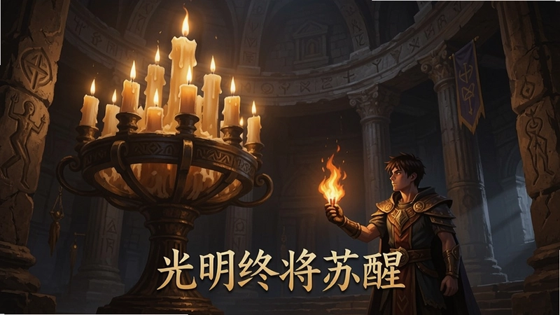 烛芯游戏主视觉场景图,巨大烛台照耀的古老神殿,主角手持火种,画面带有“光明终将苏醒”标题文字
