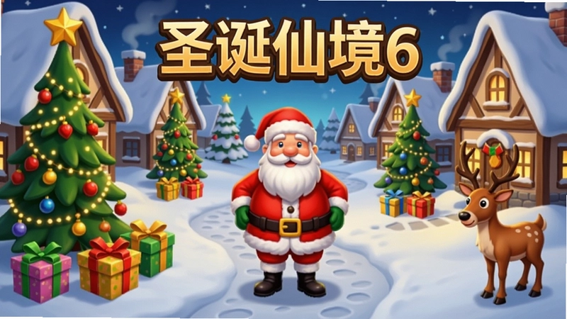 圣诞仙境6游戏主界面截图,圣诞老人站在村中心,周围有圣诞树、礼物和驯鹿,画面温馨,文字标注“圣诞仙境6”