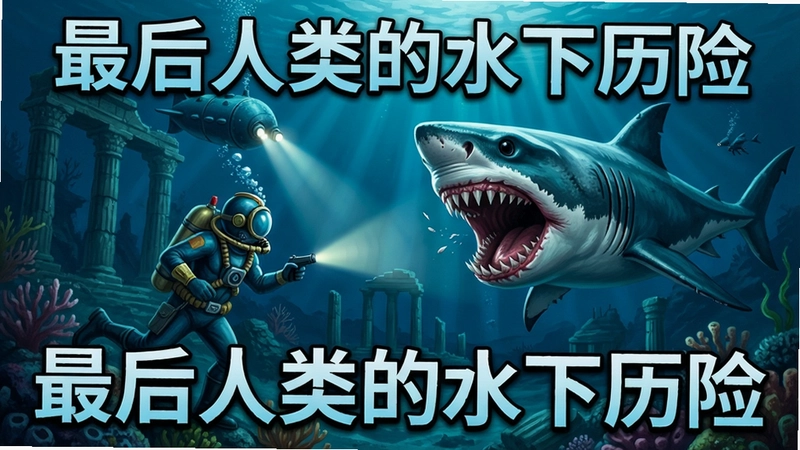 深海潜艇探索水下遗迹,主角与变异鲨鱼对决,最后人类的水下历险游戏画面,包含文字