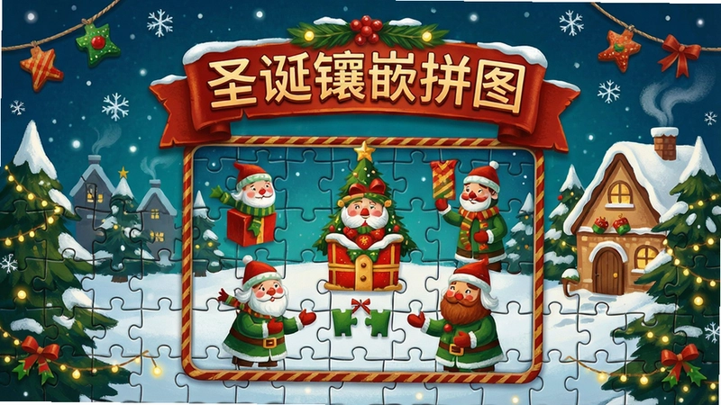 圣诞镶嵌拼图游戏主界面,圣诞主题拼图关卡画面,精美插画风格,“圣诞镶嵌拼图”字样
