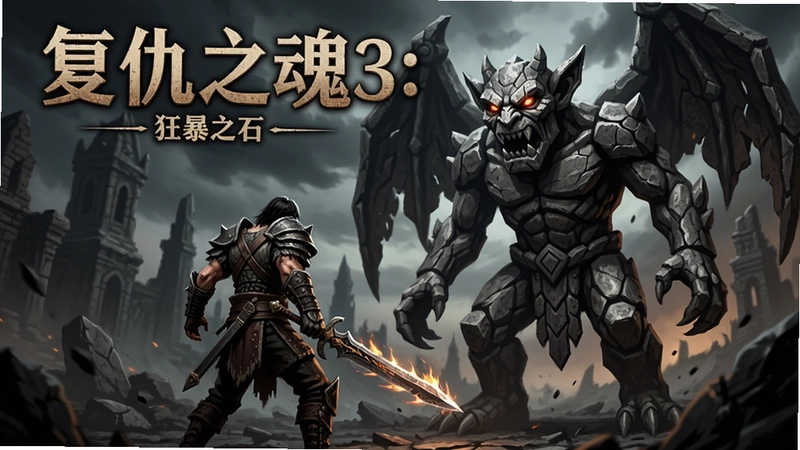 复仇之魂3:狂暴之石 暗黑奇幻动作游戏,主角持剑面对巨型石像鬼,标题“复仇之魂3:狂暴之石”醒目