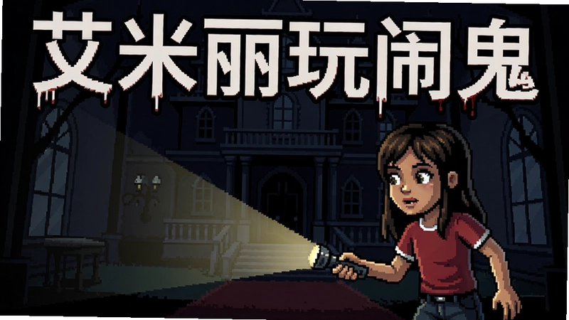 艾米丽玩闹鬼恐怖游戏海报,黑暗豪宅中女孩手电筒照明,像素风格,标题文字