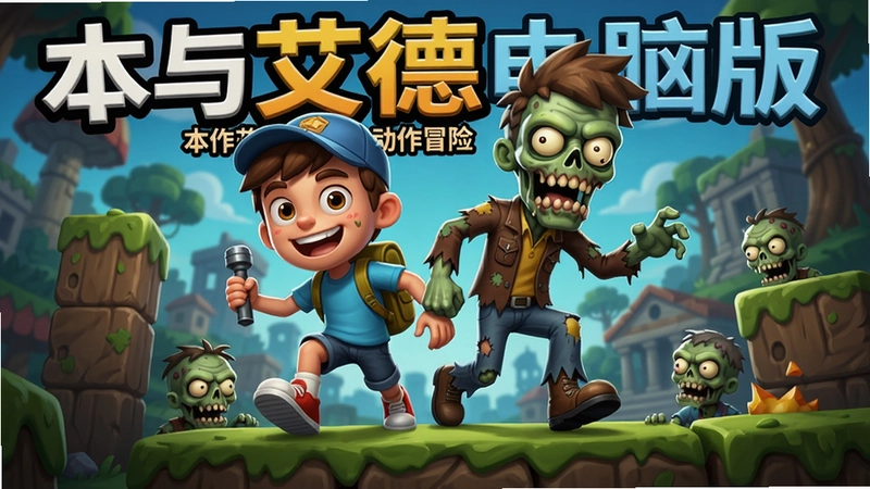 生成“本与艾德”游戏主视觉图,男孩本与丧尸艾德携手冒险穿越障碍,卡通渲染风格,文字“本与艾德电脑版 动作冒险”