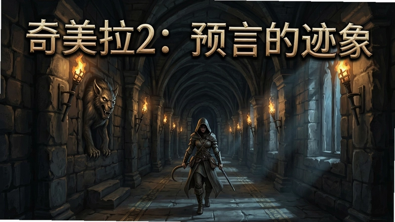 奇美拉2:预言的迹象游戏主视觉图,古堡廊道中的冒险,标题文字“奇美拉2:预言的迹象”