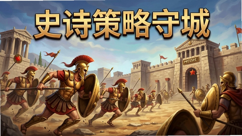 保卫希腊游戏主视觉图,古希腊战场,士兵冲锋,城墙防御,标题“史诗策略守城”