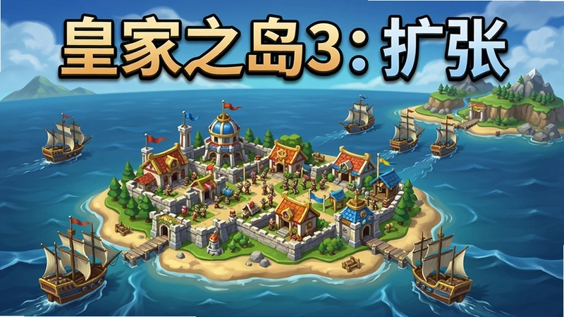 一幅展现皇家之岛3:扩张游戏核心玩法的宣传图,中央是升级后的岛屿城镇,海上舰队正驶向远方新大陆,画面顶部用醒目字体标明“皇家之岛3:扩张”