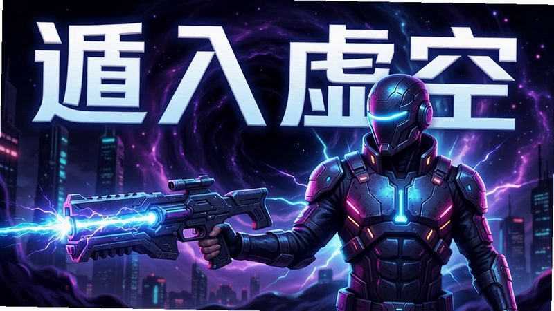 遁入虚空电脑版游戏宣传图,赛博朋克风格,主角手持能量武器,背景霓虹虚空,文字“遁入虚空”标题
