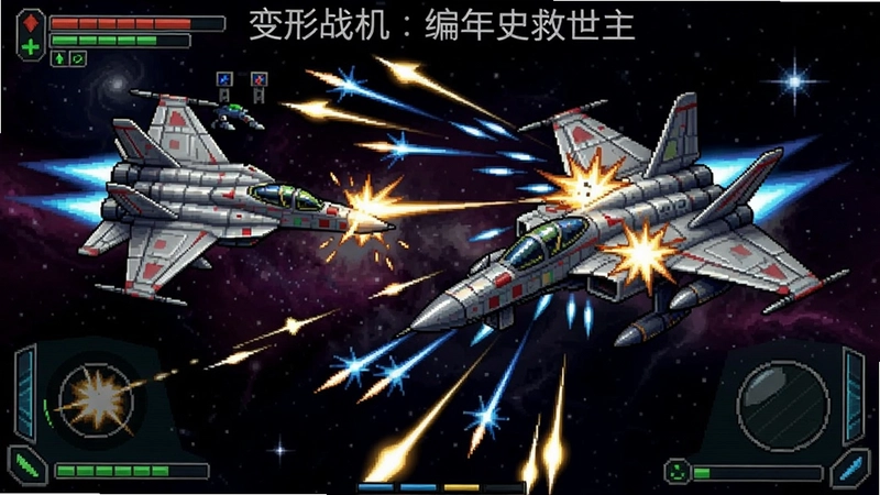 一张展示“变形战机:编年史救世主”激烈战斗画面的游戏截图,呈现战机变形、弹幕射击、宇宙星云背景与UI界面的高清图片,突出复古像素与特效融合的风格