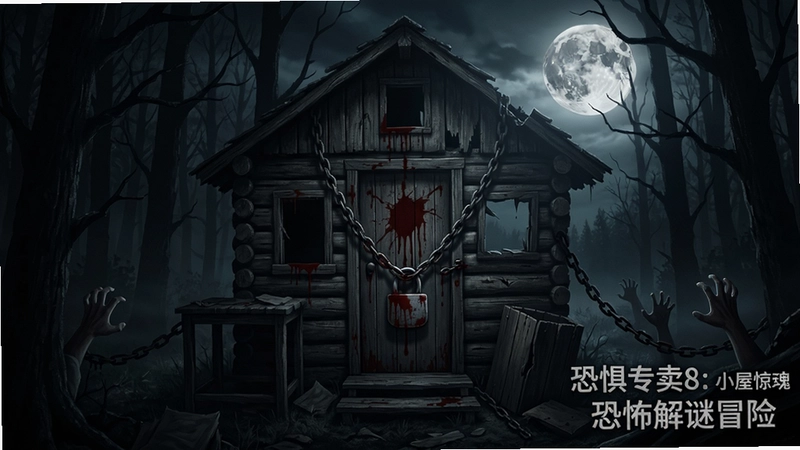 恐惧专卖8: 小屋惊魂游戏场景,黑暗森林中的破旧小屋,门上血迹锁链,月光阴森,“恐惧专卖8: 小屋惊魂 恐怖解谜冒险”