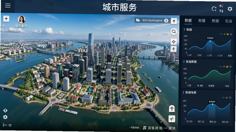 城市服务电脑版主界面,包含城市全景地图、数据面板和工具栏,标题“城市服务”