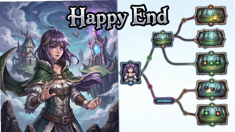 一幅展现Happy End游戏奇幻世界与多结局分支的插画,包含“Happy End”标题字样