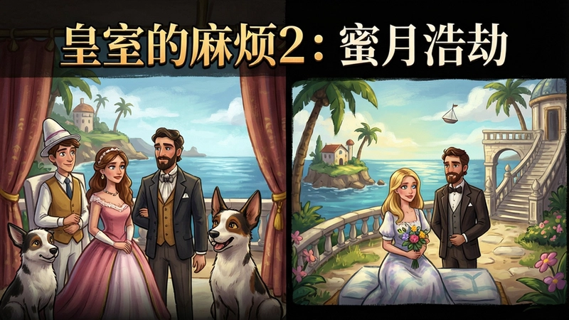 展示“皇室的麻烦2:蜜月浩劫”的游戏主界面与精美手绘场景,人物在蜜月旅行中的画面,“皇室的麻烦2:蜜月浩劫”文字标题突出