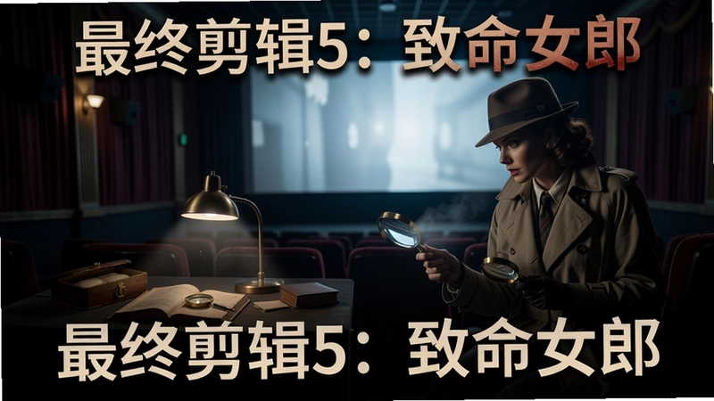最终剪辑5:致命女郎电影谋杀案解谜场景,隐藏物品寻找,侦探调查,黑暗影院氛围,“最终剪辑5:致命女郎”标题文字