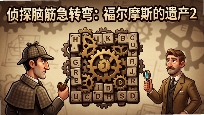 一幅侦探脑筋急转弯:福尔摩斯的遗产2游戏宣传图,展示福尔摩斯与华生面对一个由齿轮和字母组成的巨型谜题,标题“侦探脑筋急转弯:福尔摩斯的遗产2”,复古色调。