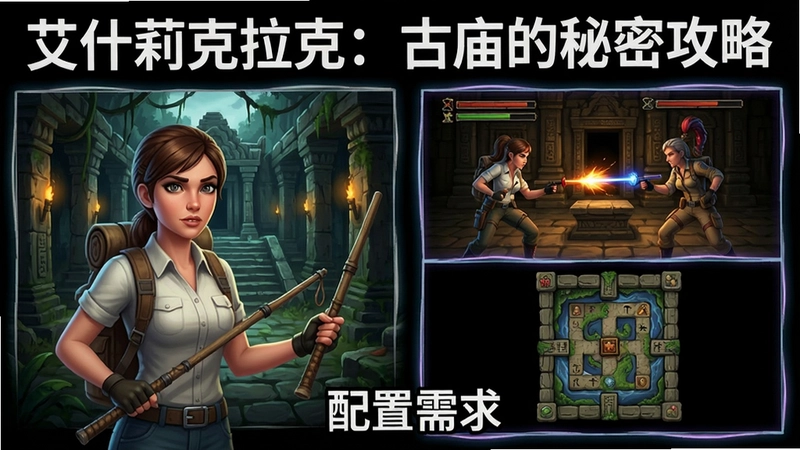 艾什莉克拉克:古庙的秘密游戏全攻略展示图,包含古庙场景、女主角探险、战斗与解谜界面,突出“艾什莉克拉克:古庙的秘密攻略”和“配置需求”