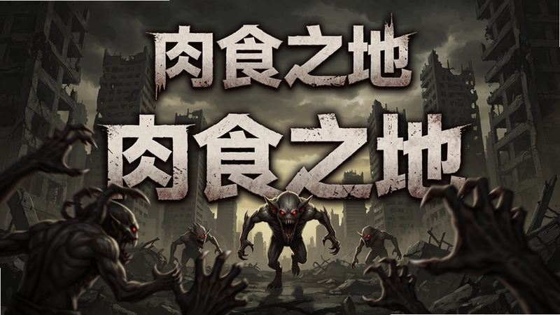 肉食之地游戏主视觉图,末日废墟场景,怪物扑面而来,包含“肉食之地”标题文字