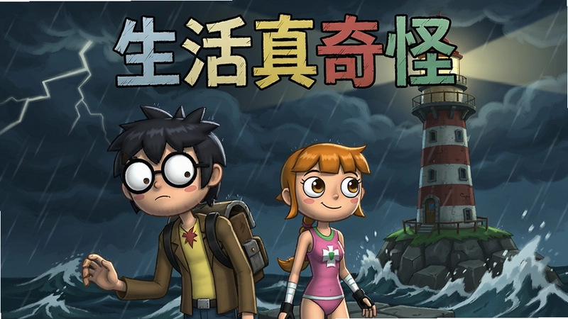 生活真奇怪游戏全景海报,画面包含主角麦克斯与克洛伊,背景为暴风雨中的灯塔,图片上标注“生活真奇怪”艺术字