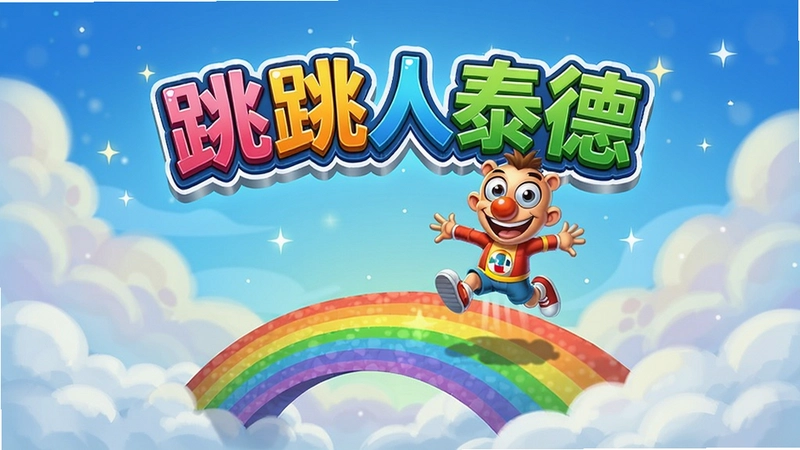 跳跳人泰德游戏主界面,卡通角色泰德跳跃在云朵和彩虹桥上,显示游戏LOGO“跳跳人泰德”,色彩绚丽,画面精美