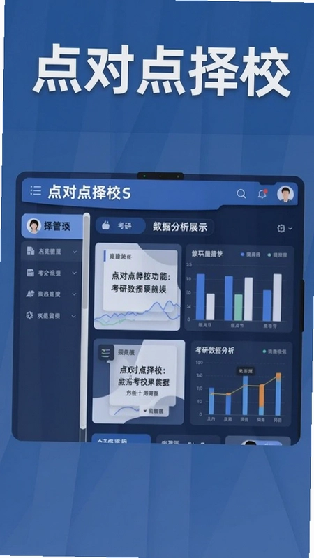 点对点择校功能界面与考研数据分析图表展示,包含“点对点择校”文字标识