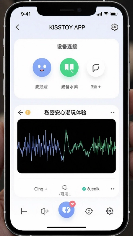 KISSTOY APP操控界面截图,展示设备连接与波形自定义功能,“私密安心潮玩体验”