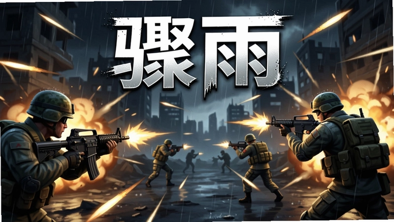 骤雨游戏主画面,枪战激烈场景,弹雨交织,士兵突进,“骤雨”标题文字