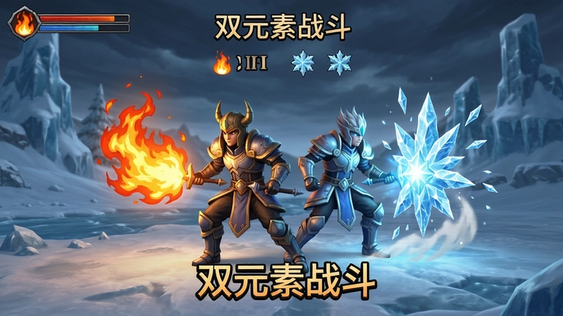 圣灵运行:火与冰游戏截图,展示火焰与寒冰特效,主角并肩作战,“双元素战斗”场景