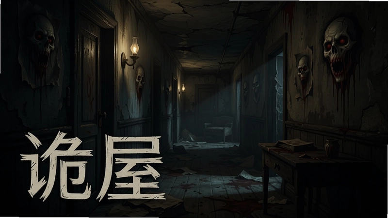 诡屋游戏场景,昏暗的走廊,恐怖的氛围,文字描述'诡屋'