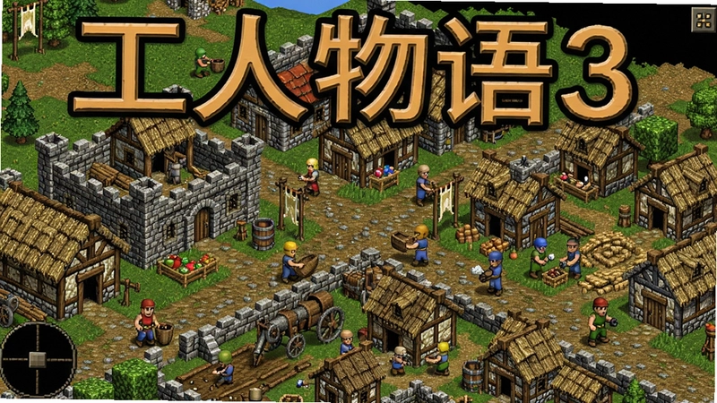工人物语3游戏画面截图,展示城市建设和工人劳动场景,包含“工人物语3”文字标题