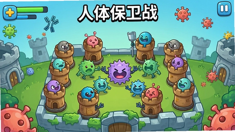 人体保卫战,游戏画面,免疫细胞塔防,卡通风格
