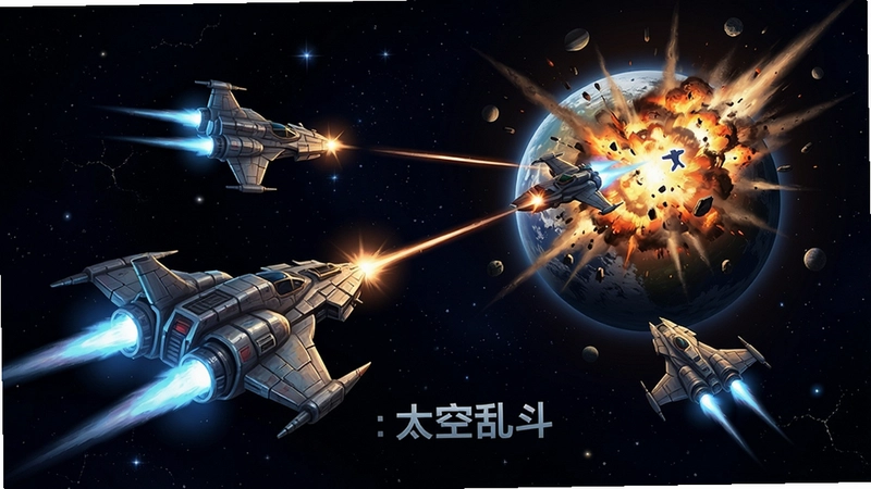 雅吉斯:太空乱斗 游戏主视觉图 太空飞船对战 星球爆炸特效