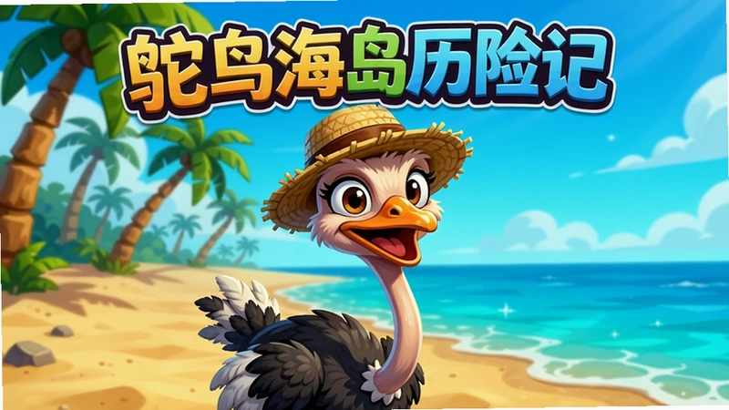 一幅色彩鲜艳的游戏宣传图,画面中央是一只戴着草帽的卡通鸵鸟站在金色沙滩上,身后是椰树林和蔚蓝大海,上方用艺术字写着“鸵鸟海岛历险记”,整体风格明快活泼