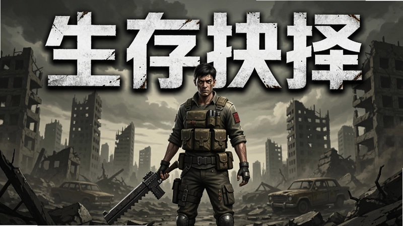生存抉择游戏封面,角色手持武器站在废墟前,文字“生存抉择”醒目