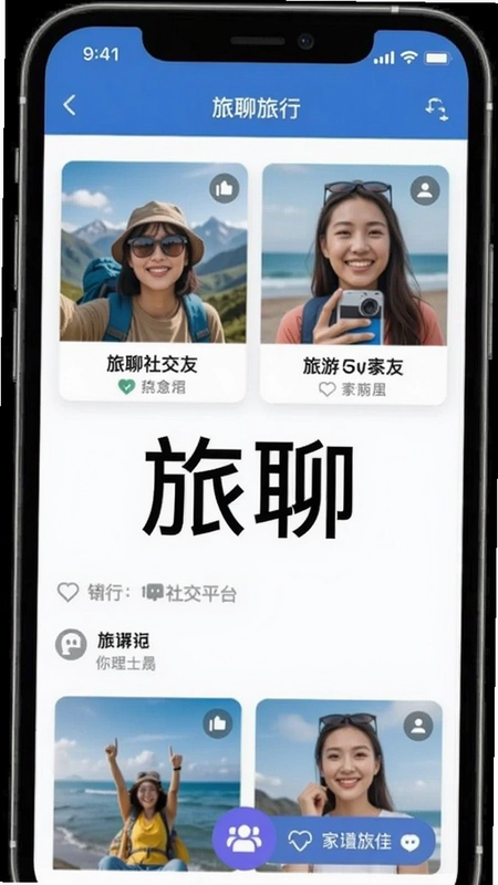 旅聊旅行社交平台界面截图,展示旅游与交友结合的功能,文字“旅聊”居中