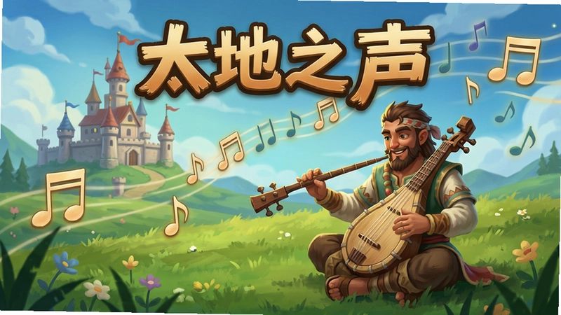 提示词:大地之声游戏画面,展示主角在草原上演奏乐器,背景有城堡和音符,文字“大地之声”