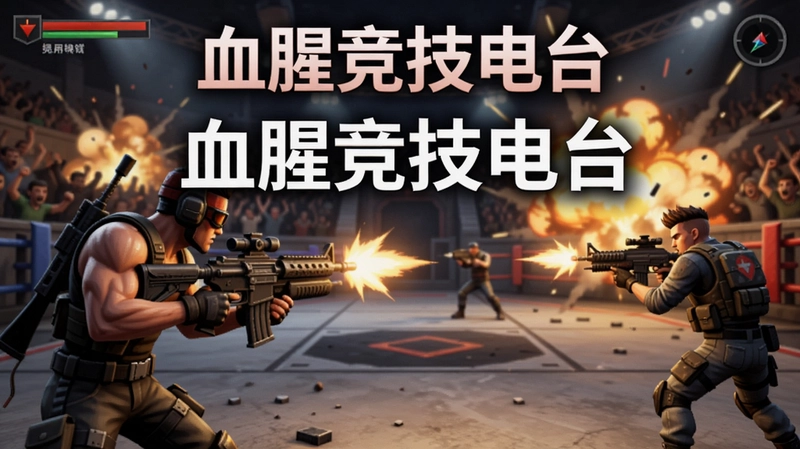 用于调用本地生图模型生成图片的提示词,关键词必须包含“血腥竞技电台”,画面展示游戏激烈战斗场景,角色手持武器在竞技场中射击,背景有爆炸效果,文字“血腥竞技电台”居中显示
