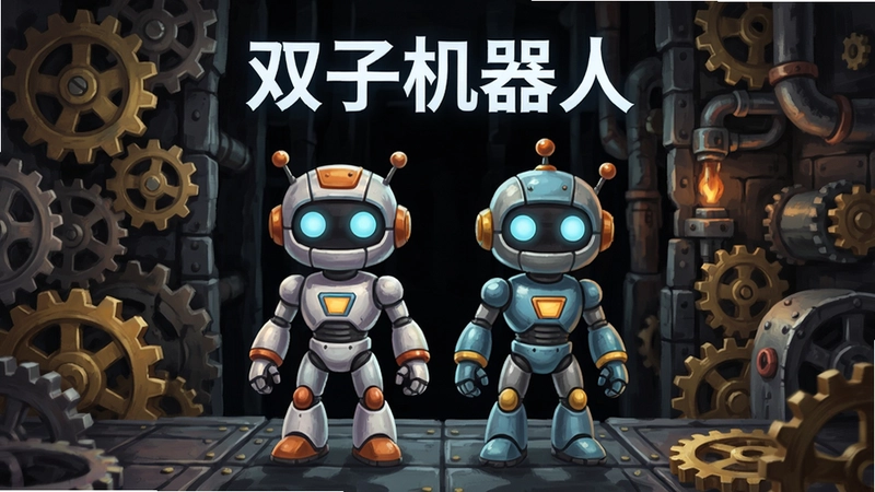 双子机器人游戏画面,两个机器人并肩站立在机械迷宫中,周围布满齿轮与机关,