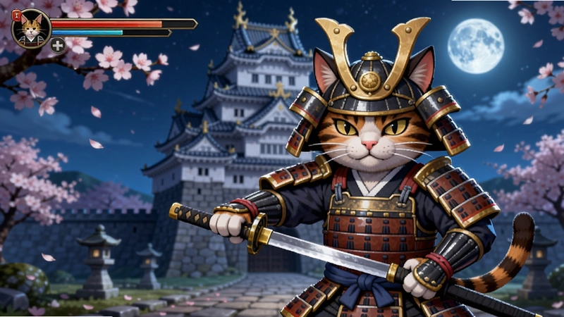 武士猫 游戏截图,一只身着武士盔甲的猫咪手持长剑站在城堡前,背景有樱花和月光,高清画质