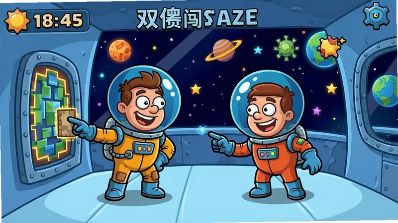 双傻闯太空游戏截图,展示两个角色在太空场景中解谜,卡通风格,色彩鲜艳