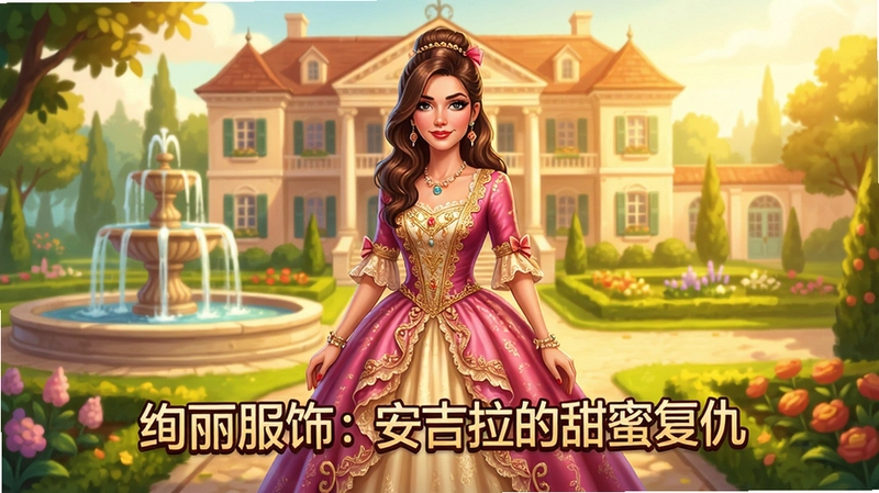 绚丽服饰:安吉拉的甜蜜复仇 游戏主界面截图,展示女主角安吉拉穿着华丽礼服站在庄园前,背景有喷泉和花园,整体色调明亮温暖,文字“绚丽服饰:安吉拉的甜蜜复仇”居中