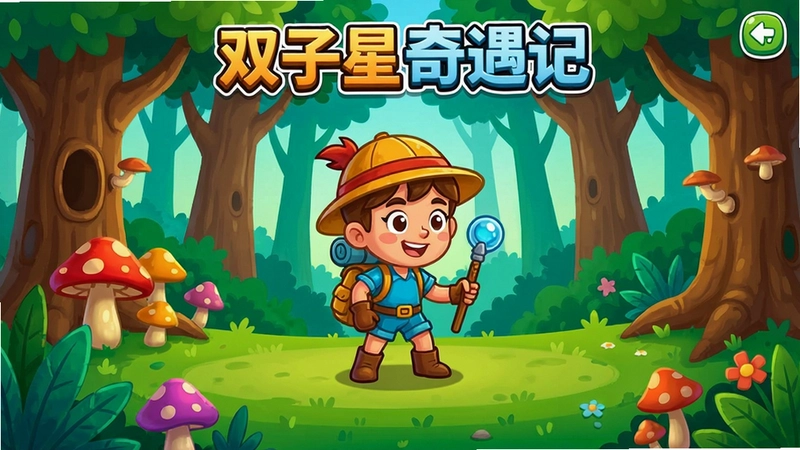 双子星奇遇记游戏主界面截图,主角在森林中探索,画风卡通,色彩鲜艳