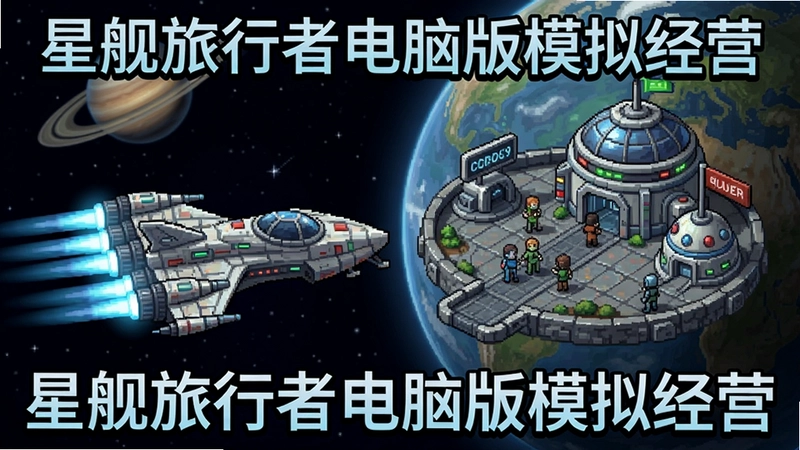 星舰旅行者游戏画面,显示星际飞船与星球交易站,文字“星舰旅行者电脑版模拟经营”