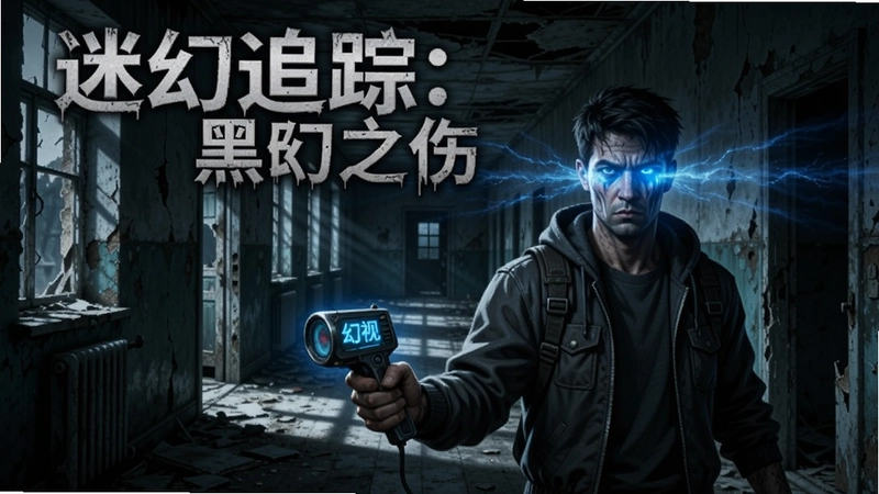 迷幻追踪:黑暗之伤 游戏封面 主角手持探测器 废弃疗养院走廊 幽蓝“幻视”特效 恐怖氛围光影