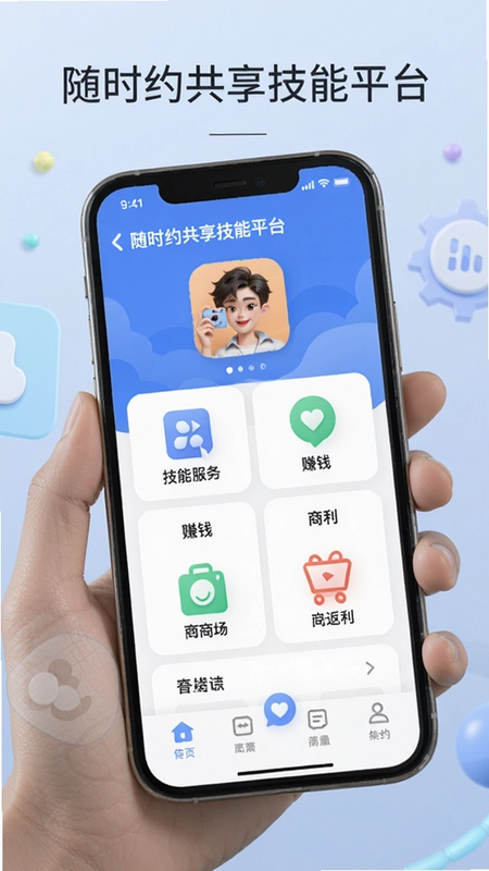 随时约app界面展示,技能服务、赚钱、商城返利等功能,文字说明“随时约共享技能平台”